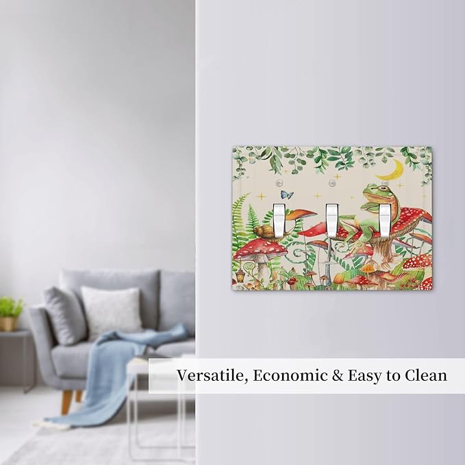Decorative Switch Plates Boho Mushrooms Frogs Butterflies Flowers Moon Stars 3 Gang Wall Plate Faceplate Triple Toggle Light Switch Cover Electrical Wall Panels for Kids room Bedroom Decor