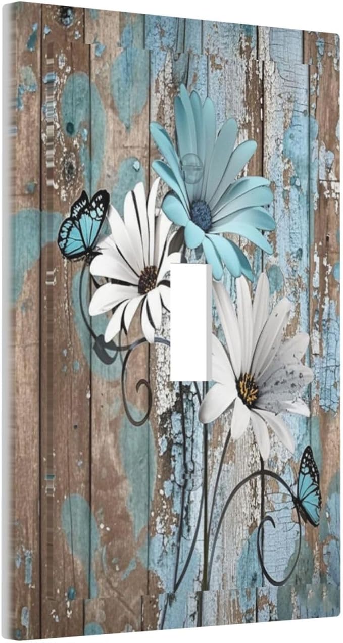 Decorative Light Switch Cover Rustic Flower Teal Turquoise Daisy Butterfly 1 Gang Single Toggle Device Electrical Faceplate Switchplates Decorator Outlet Wall Plate For Farmhouse Cabin