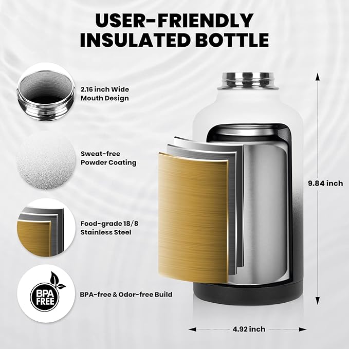 RAYMYLO Insulated Water Bottle 64 oz, Triple Wall Vacuum Stainless Steel (Cold for 48 Hrs), Leak Proof & Non-BPA, Half Gallon Water Flask Jug with Paracord Handle & Straw Spout Lids, White/Black