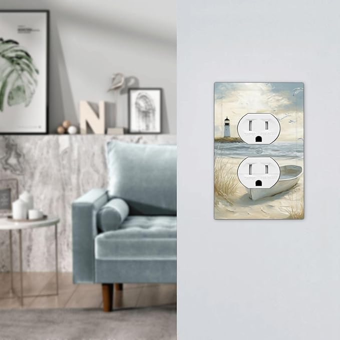 Sea Beach 1 Gang Electrical Duplex Outlet Covers Light Switch Cover Old Ship Reed Lighthouse Seascape Receptacle Wall Plate Decorative Faceplate for Country Bedroom Kitchen Living Room Decor