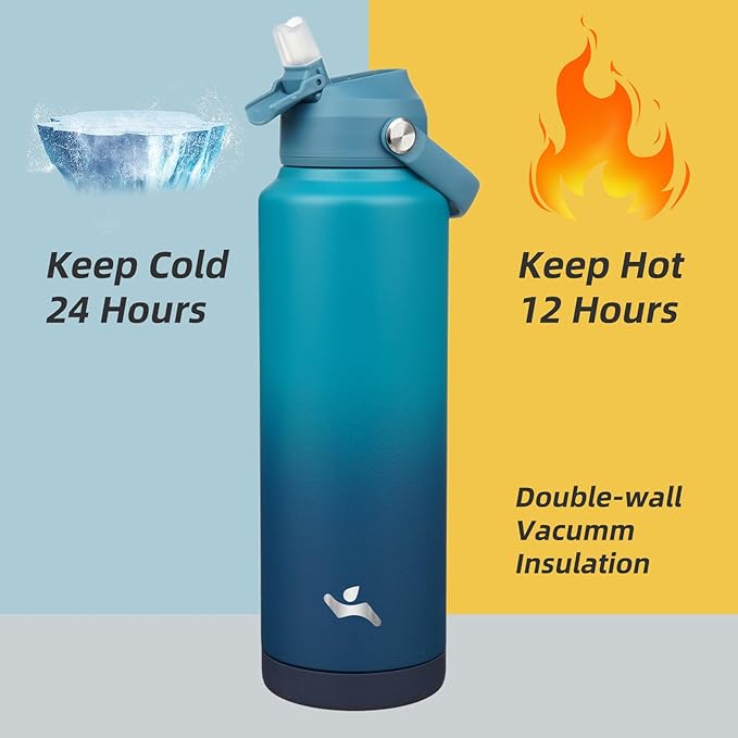 Konokyo Insulated Water Bottle with Straw Lid,40 oz Stainless Steel Vacuum Metal Bottle with Silicone Handle,Vast