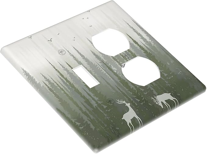 Green Pine Tree Deer Country Forest Bird Nature Mist Wallplates 1 Toggle 1 Duplex Electrical Gfci Faceplate Decorative Light Switch Covers Switch Plate for Bedroom Home Decor