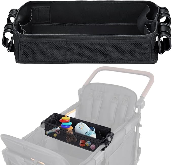 Stroller Snack Tray Compatible with Wonderfold Wagon - Upgraded with Extra Thick Base, Waterproof Faux Leather Sides & Side Mesh Pockets for Added Durability (W4 Series Thickened)