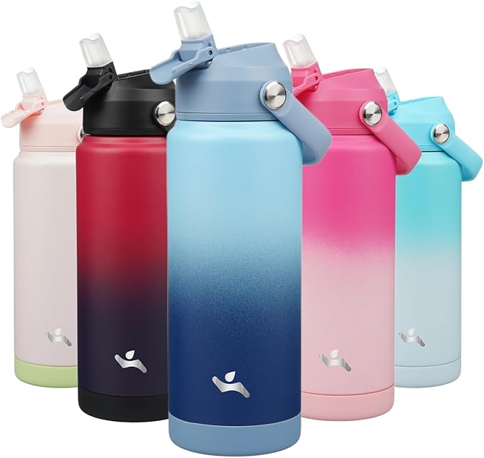 Konokyo Insulated Water Bottle with Straw Lid,24 oz Stainless Steel Vacuum Metal Bottle with Silicone Handle,Sky
