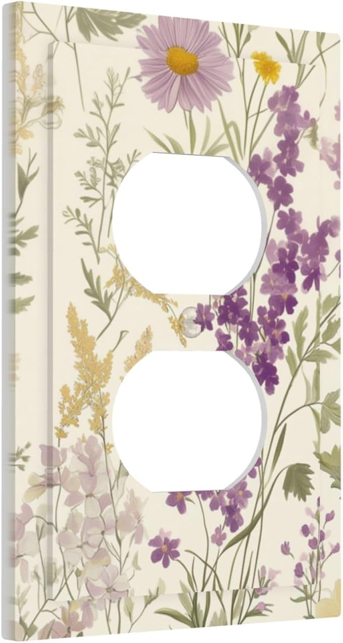 Watercolor Floral Leaves 1 Gang Electrical Duplex Outlet Covers Small Purple Flowers Daisies Light Switch Cover Receptacle Wall Plate Decorative Faceplate for Country Bedroom Living Room Decor
