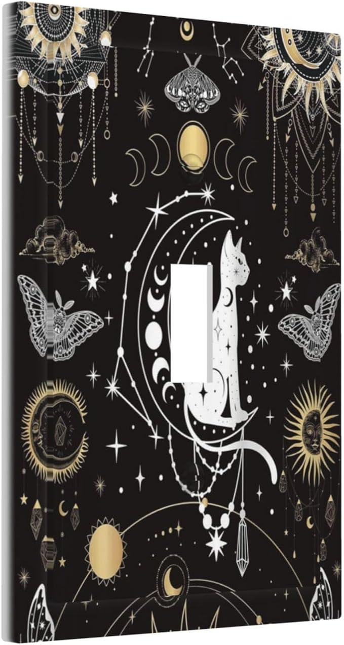 White Cat Tarot Moon Phases Moth Celestial Gothic Decorative Light Switch Cover 1 Gang Single Toggle Device Electrical Faceplate Switchplates Decorator Outlet Wall Plate for Kids Room Bedroom Decor