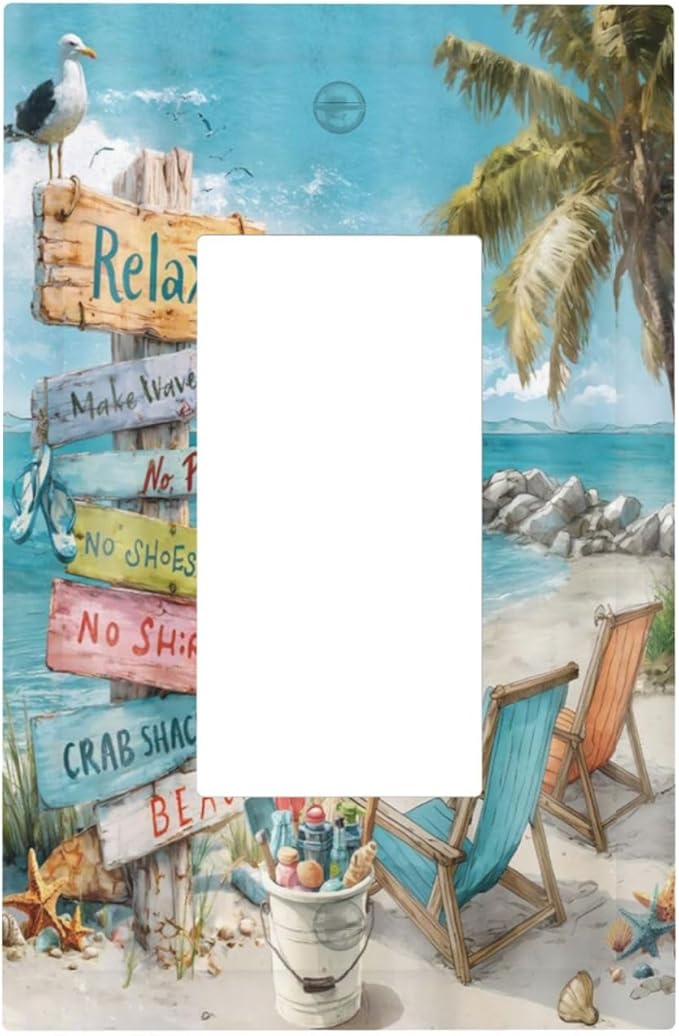 Ocean Beach Tropical Palm Tree Coastal Seaside Decorative Outlet Covers 1 Gang Single Rocker Light Switch Cover Plate Wall Plates GFCI Faceplate for Kids Room Living Room Decor