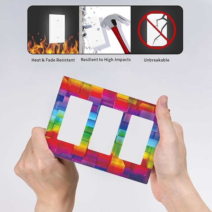 3D Colorful Rainbow Wall Abstract Squre Shaped 3 Gang Rocker Light Switch Covers Decorative Unique Triple Outlet Wall Plate Cover Faceplate Decorative Switchplate GFCI for Kitchen Bedroom Decor
