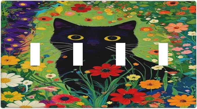 Decorative Art Light Switch Covers BlackCat&Flowers Quad Toggle 4 Gang Wall Plate Switch plate Electrical Faceplate for Home Decor