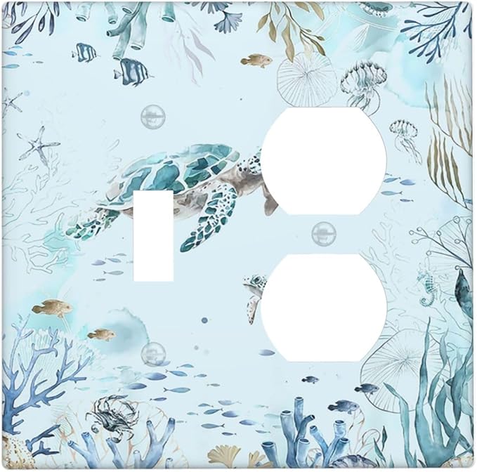 Wallplates Teal Blue Ocean Sea Turtle Seabed Plants 1 Toggle 1 Duplex Switch Plate Electrical GFCI Faceplate Decorative Light Switch Covers for Bathroom Kids room Decor