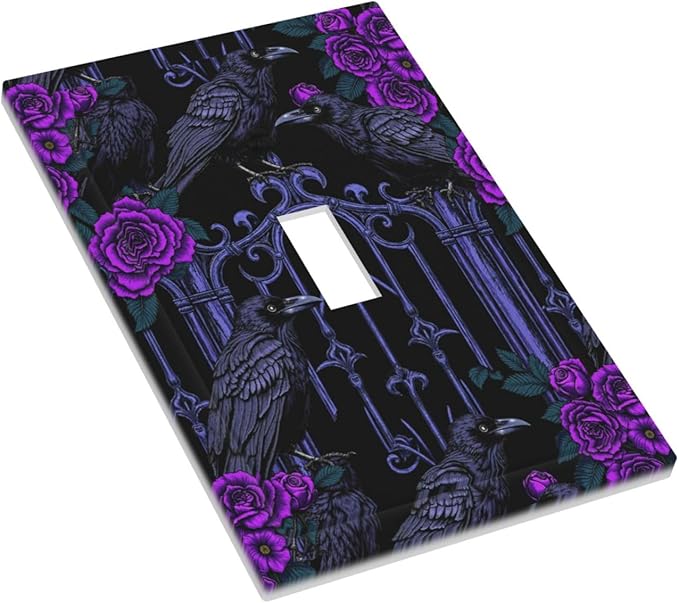 Decorative Light Switch Cover Gothic Style Crow Purple Flowers 1 Gang Single Toggle Decorator Outlet Wall Plate Device Electrical Faceplate Switchplates for Bedroom living Room Decor