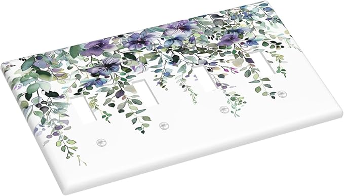 Light Switch Cover Plate Blue Purple Eucalyptus Leaves Boho Botanical 4 Gang Quad Toggle Decorative Switch Plates Wall Panels Electrical Wall Plates Faceplate for Bathroom Home Decor