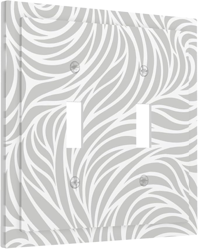 Silver Swirls Double Toggle Switch Cover - 2-Gang Standard US Size Modern Abstract Wave Vortex, Neutral Gray Decorative Light Switch Covers for Contemporary Home Decor
