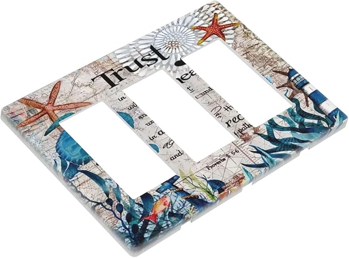 Nautical Sea Ocean Turtle Seahorse 3 Gang Triple Rocker/Decora Light Switch Wall Plate Cover Decorative Electrical Faceplate Switchplate for Bathroom Living Room Decor