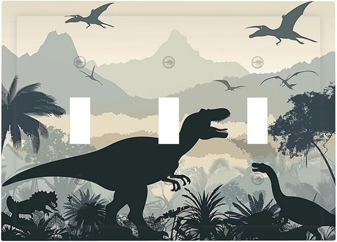 Decorative Switch Plates Prehistoric World Dinosaur Cartoon Fores 3 Gang Wall Plate Triple Toggle Light Switch Cover Faceplate Electrical Wall Panels for Kids Room Nursery Decor