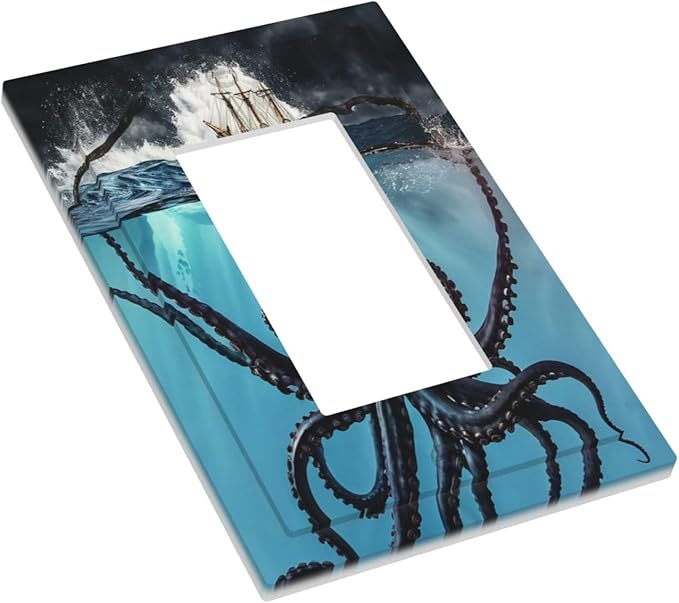 Light Switch Cover Plate Black Ocean Nautical Octopus Ship Funny Kraken 1 Gang Outlet Covers Single Rocker Switch plate Covers Decorative Wall Plates Electrical GFCI Receptacle for Home Decor