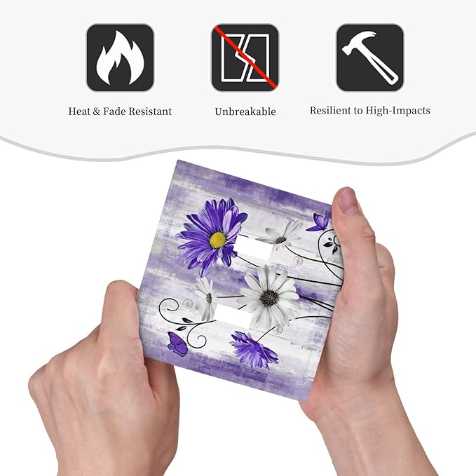 Decorative Light Switch Cover Plate Rustic Purple Daisy Butterfly Boho White Floral 2 Gang Wall Plate Cover Double Toggle Switch Plate Covers Electric Dual Device Electrical Faceplate