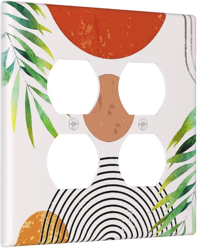 Red/Orange Boho Sun Sunset Abstract Art 2-Gang Device Duplex Wall Plate, Mid Century Bohemian Arch Olive Leaf Decorative Two Gang Double Duplex Receptacle Socket Outlet and Light Switch Cover Plate