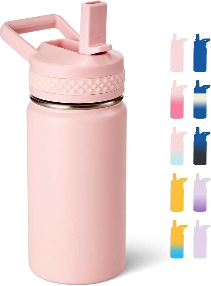 Fijinhom 12 oz Kids Water Bottle, Toddler Water Bottle with Straw, Boys&Girls Bottle for School, 304 Stainless Steel Vacuum Insulated Bottle for Kids, BPA-Free, Leak-Proof, Pink