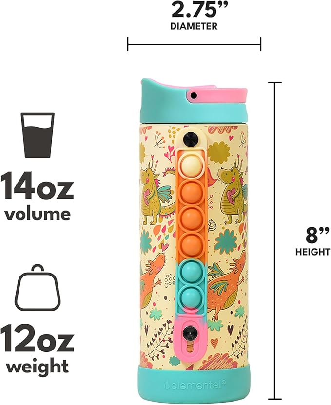 Elemental Iconic Kids Water Bottle for School - 100% Leak-Proof Insulated Water Bottles with Straw Lid & Pop-It Handle for Boys & Girls - Triple-Wall Insulated & BPA-Free, 14oz – Dragon