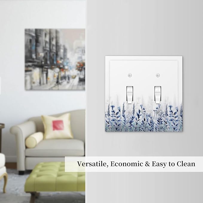 Decorative Light Switch Cover Plate Rustic Blue Plants Wildflowers Boho Leaves Unique 2 Gang Wall Plate Cover Double Toggle Switch Plate Covers Electric Dual Device Electrical Faceplate