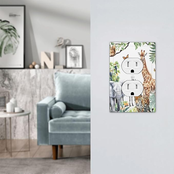 Elephant Giraffe Jungle Animals Leopard Zoo Outlet Covers 1 Gang Duplex Light Switch Cover Decorative Switch Plates Electrical Receptacle Faceplate Wall Plate for Kids Room Nursery Decor