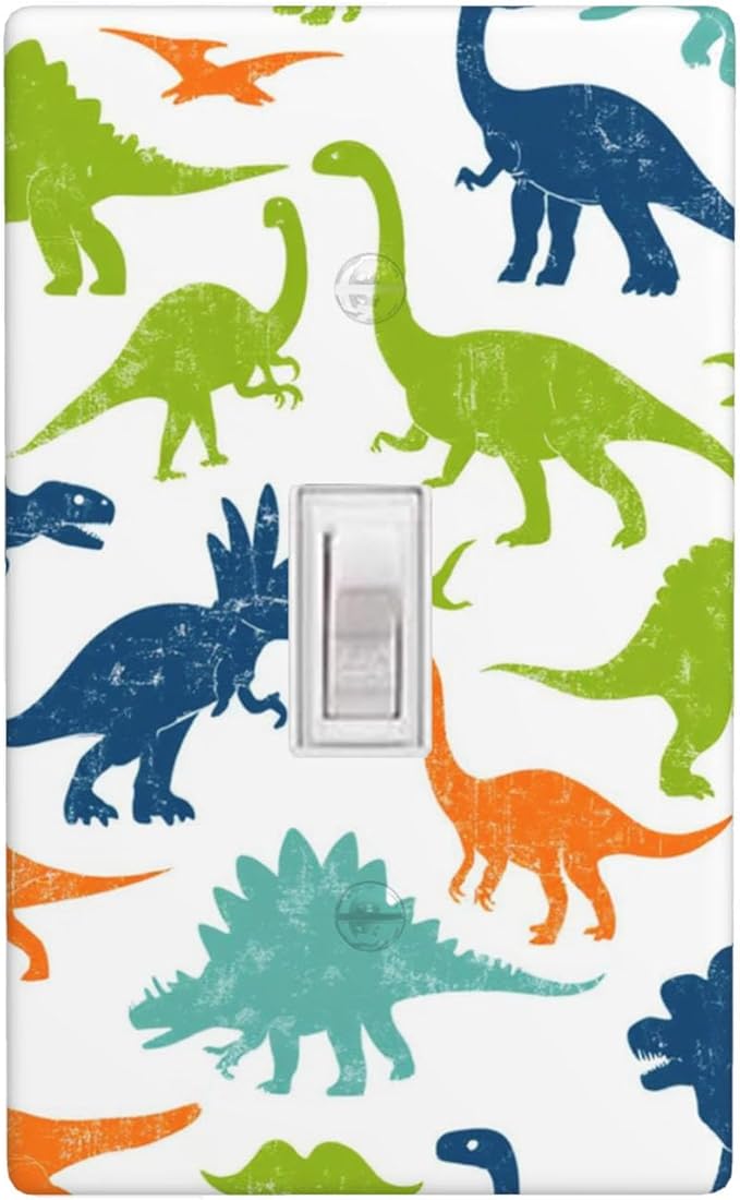 Colorful Dinosaur 1-Gang Toggle Light Switch Plate, Watercolor Blue & Green Dinosaur Cartoon Wall Plate for Boys Bedroom, Playroom & Nursery