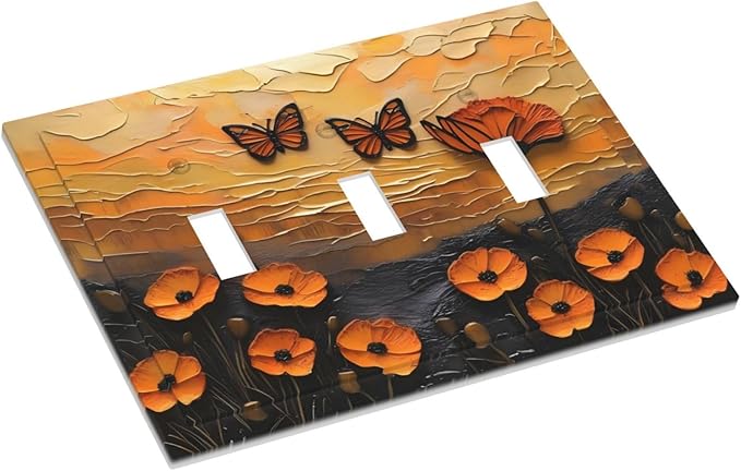 Oil Painting Flower Sunset Butterfly Vintage Rustic Floral Decorative Switch Plates 3 Gang Wall Plate Triple Toggle Light Switch Cover Faceplate Electrical Wall Panels for Bedroom Living Room Decor