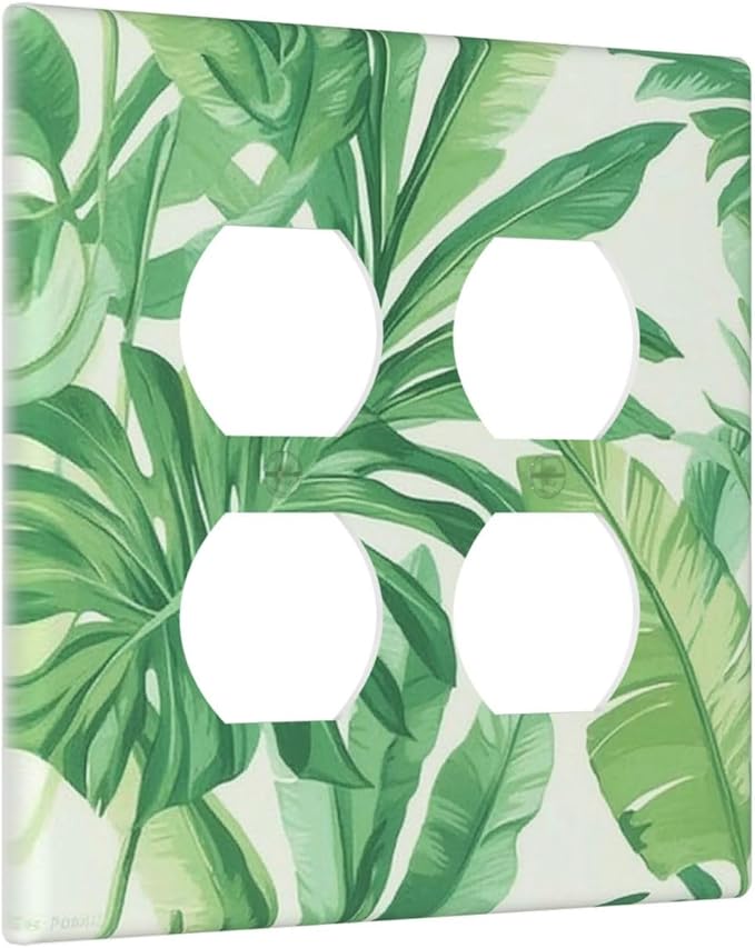 Outlet Covers Tropical Palm Tree Leaf Green Plant 2 Gang Double Duplex Decorative Light Switch Covers Electrical Wallplates Socket Faceplate For Bed Room Living Room Decor