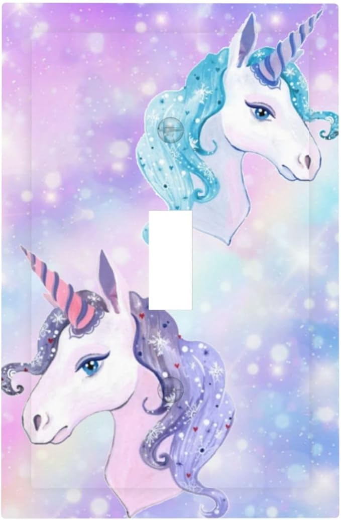 Colorful Purple/Blue Rainbow Unicorn Decorative Light Switch Cover 1-Gang Cute Kid Girl Girly Fantasy Kawaii Stars Single Toggle Wall Plate Electrical Device Outlet Switch Faceplate Cover Jumbo Size