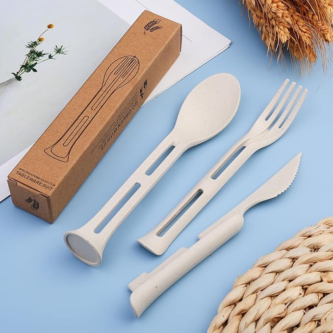 3PCS Wheat Straw Cutlery, Reusable Utensils Set Portable Travel 3 in 1 Spoon Fork Knife Tableware, Eco-Friendly, BPA Free, Flatware for Kids Adults, Travel Picnic Camping (Beige)