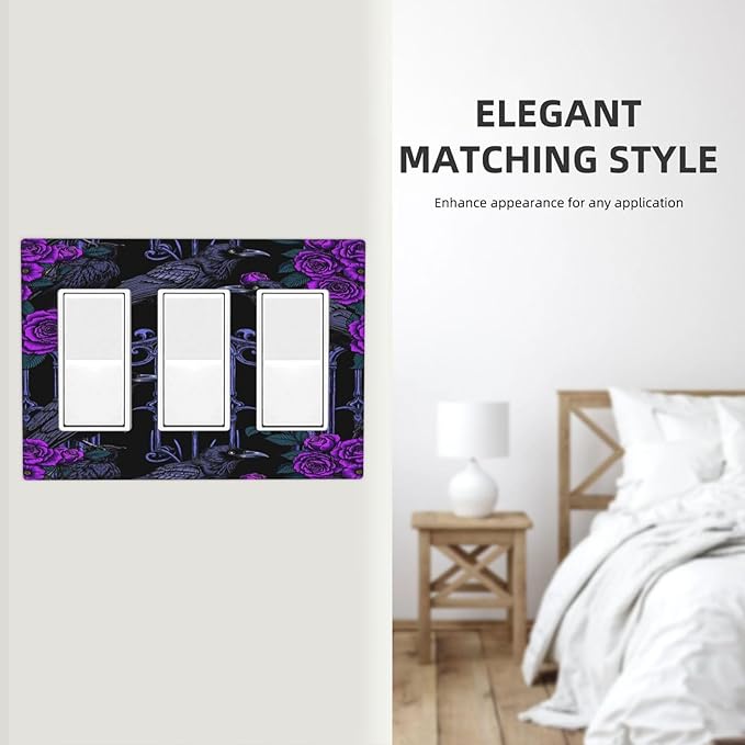 Light Switch Covers Gothic Style Crow Purple Flowers 3 Gang Rocker Electrical GFCI Decorative Triple Outlet Wall Plate Cover Switchplate for Bedroom living Room Decor