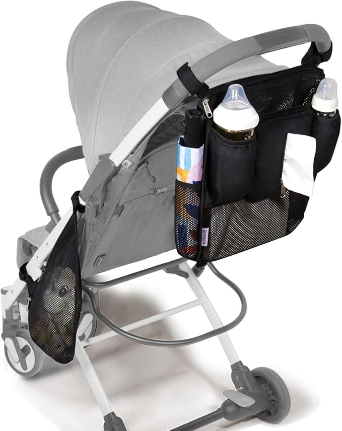 SUNVENO 2-pack Universal Stroller Organizer Caddy with Cup Holders, Wipes Pouch and Extra Storage, Zippered Mesh Side Sling for Pushchair, Black