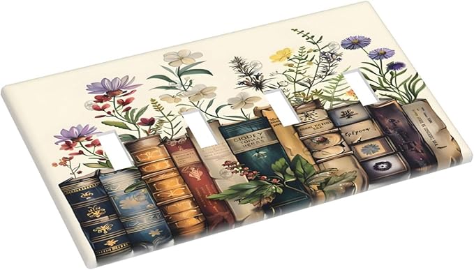 Plant Floral Books Colorful Flower Light Switch Covers Quad Toggle Electrical Faceplate 4 Gang Wall Plate Decorative Switch Plates Cover for Kids Room Bedroom Decor