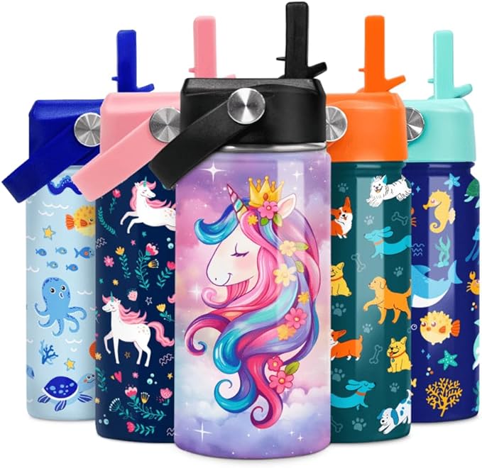 Unicorn Kids Water Bottle Insulated Water Bottles 12oz with Straw Stainless Steel Travel School Tumbler Double Wall Vacuum Cup for Girls Kid Boys