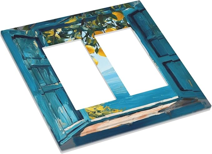 Window View Coastal Lemon Tree Mediterranean Landscape Decorative Outlet Covers 2 Gang Double GFCI Rocker Electrical Wall Panels Light Switch Cover Plate for Bedroom Living Room Decor