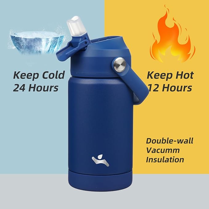 Konokyo Insulated Water Bottle with Straw Lid,12 oz Stainless Steel Vacuum Metal Bottle with Silicone Handle,Klein Blue