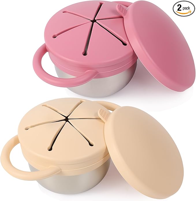 2 Pack Stainless Steel Spill Proof Snack Cup for Baby Toddlers Kids, with Silicone Food Catcher, Travel Lid, Spill-Proof Bowl Containers, Toddlers Essentials, Non Toxic BPA Free