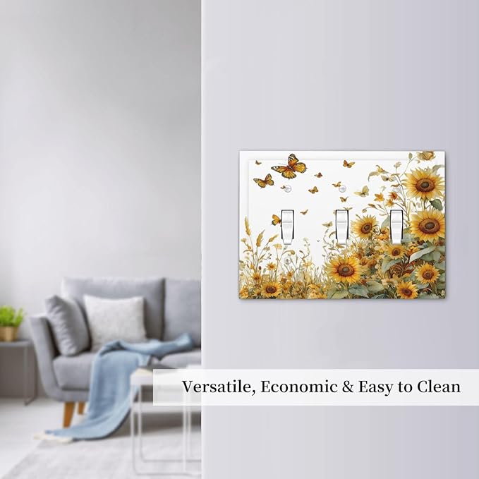 Sunflower Gold Wildflowers Summer Butterfly Decorative Switch Plates 3 Gang Wall Plate Triple Toggle Light Switch Cover Faceplate Electrical Wall Panels for Bedroom Living Room Decor