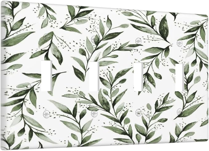 Green Leaf Olive Leaf Sage Floral Light Switch Covers Quad Toggle Electrical Faceplate 4 Gang Wall Plate Decorative Switch Plates Cover for Bedroom Living Room Decor