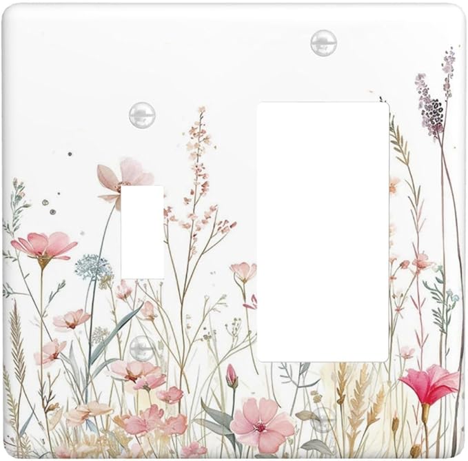 Watercolor Wildflower Pink Flower Plant Floral Outlet Covers 1 Toggle 1 Rocker Combination Decorative Wall Plate Electrical Switch Plates Light Switch Cover Plate for Bedroom Living Room Decor