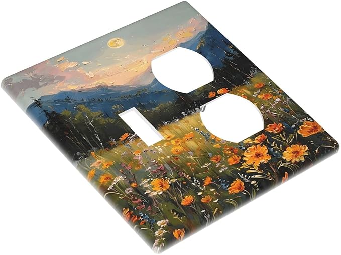 Sunset Wild Flower Field Floral Nature Landscape Wallplates 1 Toggle 1 Duplex Switch Plate Electrical GFCI Faceplate Decorative Light Switch Covers for Farmhouse Bedroom Decor