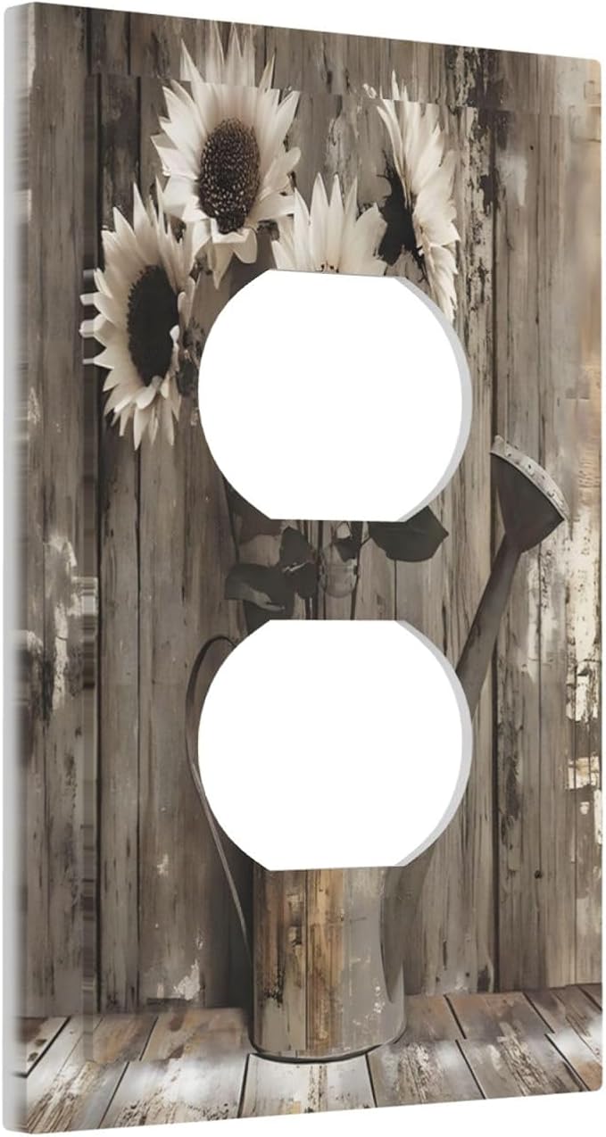Rustic Floral Country Sunflower Daisy Old Wooden Boards Outlet Covers 1 Gang Duplex Light Switch Cover Decorative Switch Plates Electrical Receptacle Faceplate Wall Plate for Farmhouse Home Decor
