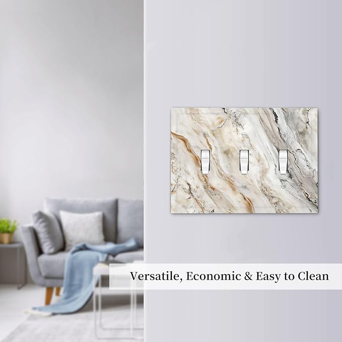 Matte Beige Gold Marble Granite Abstract Print Decorative Switch Plates 3 Gang Wall Plate Triple Toggle Light Switch Cover Faceplate Electrical Wall Panels for Bathroom Kitchen Decor