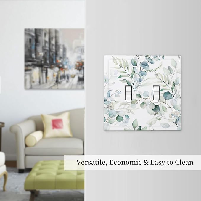 Watercolor Spring Eucalyptus Green Saga Boho Leaf Plant Botanical Floral Wild Flower Decorative 2-Gang Double Toggle Outlet Light Switch Wall Plate Electrical Receptacle Faceplate Cover Jumbo Size