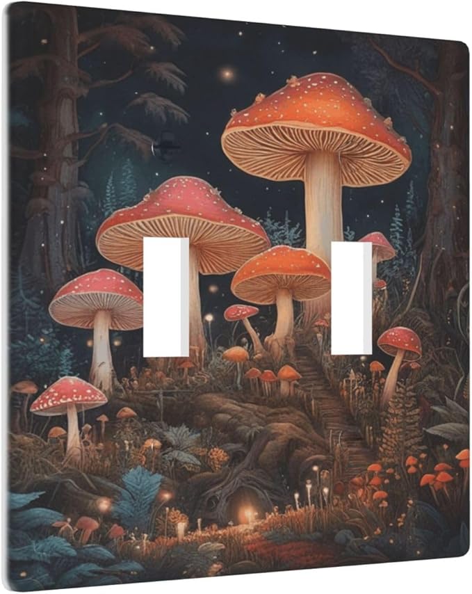 Decorative Art Light Switch Covers Enchanted Mushroom Forest 2 Gang Double Toggle Wall Plate Decorative Switchcover Electrical Switchplate for Home Decor