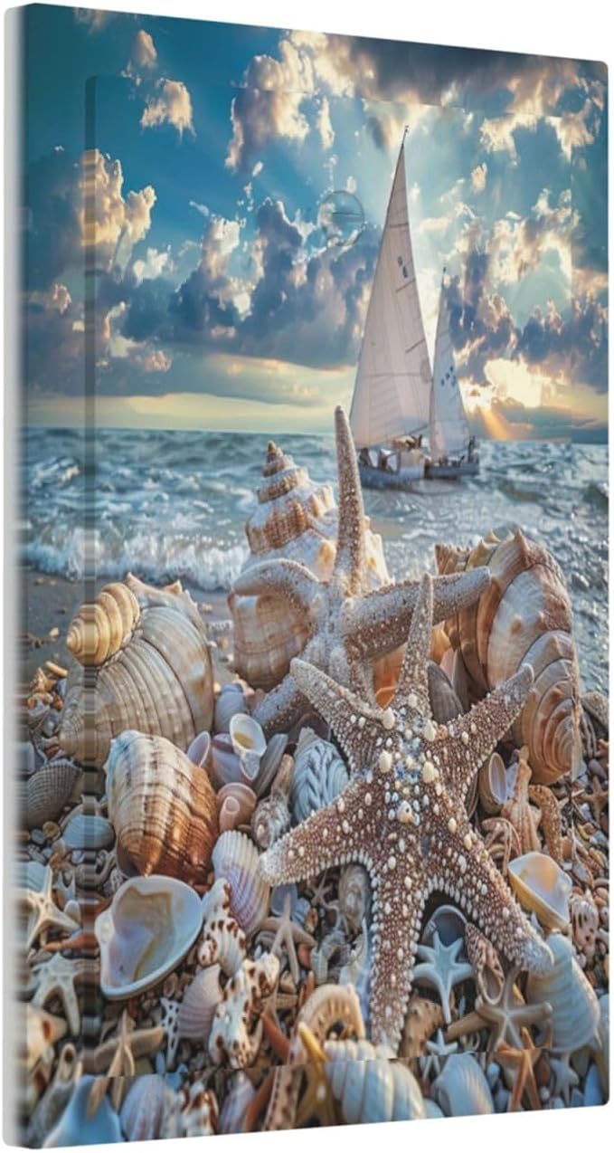 Decorative Light Switch Cover Summer Sea Beach Starfish Seashell Sailboat Wall Plate Cover 1 Gang Blank No Device Outlet Covers Electrical Switchplate for Bathroom Home Decor