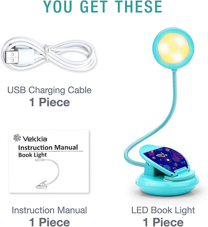 Vekkia Cute Rechargeable Book Light,Eye Caring Reading Light for Kids Clip on, 3 Colors & 3 Brightness, 1.8oz Super Light Weight, Up to 40 Hours Reading. Great Gifts for Kids & Readers (Blue)