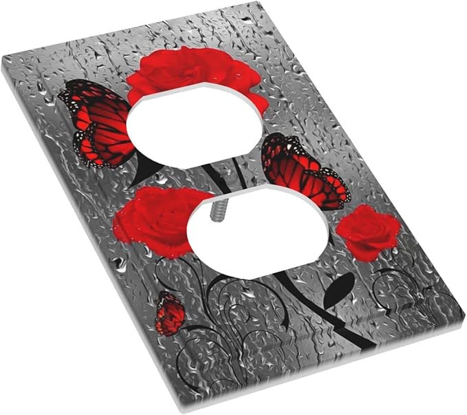 Red Rose Valentine's Day 1 Gang Outlet Covers Duplex Receptacle Wall Plate Decorative Electrical Faceplate Switchplates Red Rose Flower Butterfly Painted Girls Bedroom Decorate 5" x 3 Large Size
