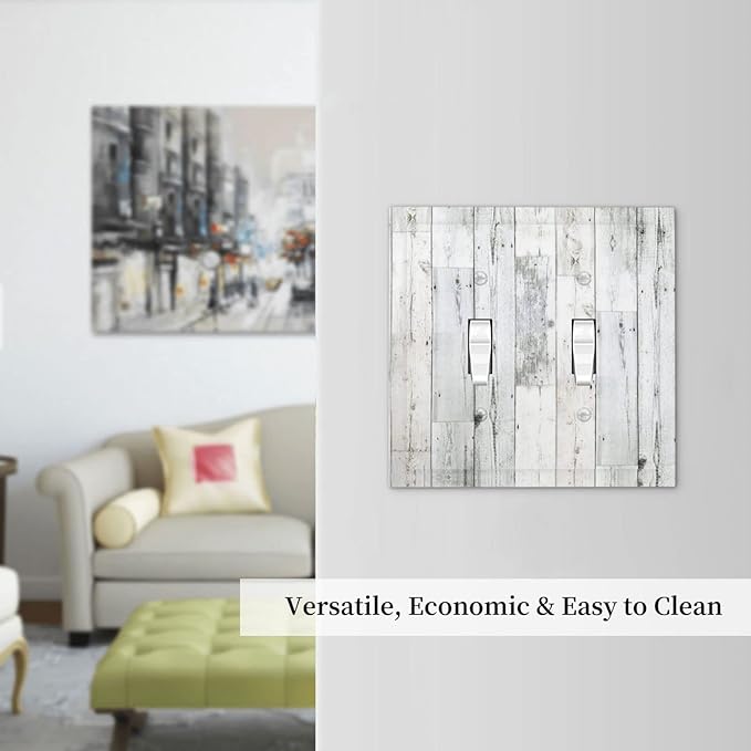 Grey White Wood 2 Gang Double Toggle Light Switch Cover Decorative Wall Plate Faceplate for Kids Boys Girls Bathroom Home Living Room Decor 5" x 4.9